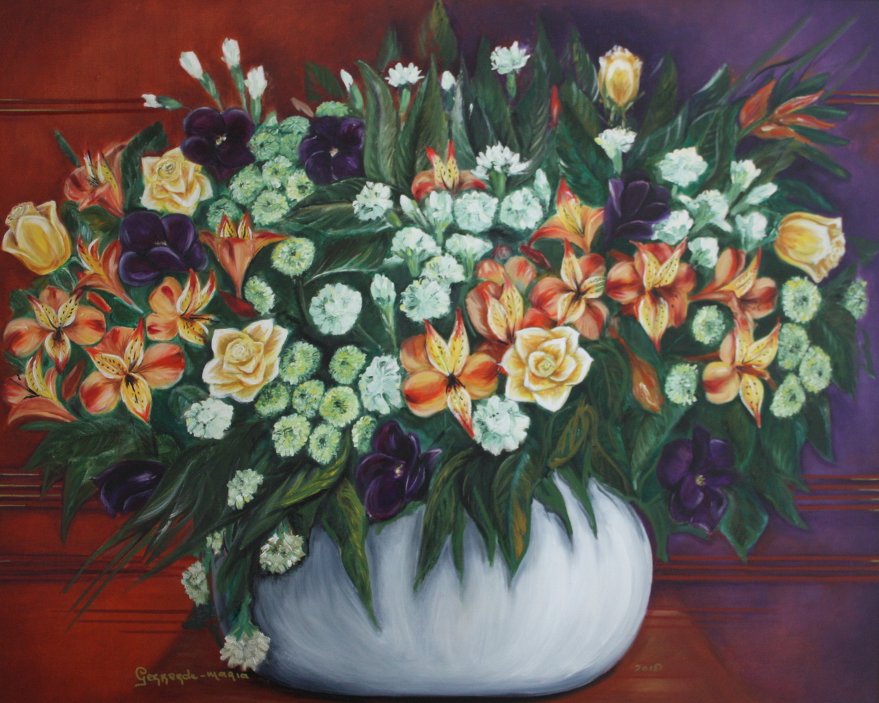 Boeket met gele rozen en tijgerlelies
