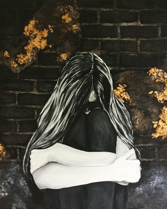 Acrylverf en papiermozaïek op canvas