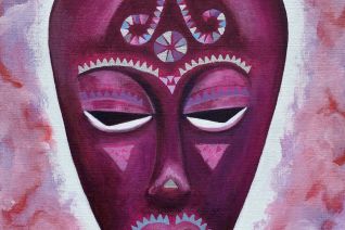 Afrikaans masker uit West Afrika met abalone schelp inleg Afrikaans masker uit West Afrika met abalone schelp inleg
