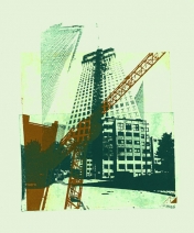 'Hijskraan in Den Haag 1.' woontoren de Kroon en Ministerie, nieuw-bouw Turfmarkt, prent te koop 'Hijskraan in Den Haag 1.' woontoren de Kroon en Ministerie, nieuw-bouw Turfmarkt, prent te koop