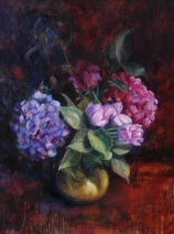 Hortensia's in gele vaas Hortensia's in gele vaas