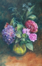 Stilleven met hortensia's in gele vaas Stilleven met hortensia's in gele vaas