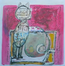 Kat in het roze. Kat in het roze.