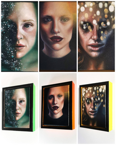 Kleine serie van kleine schilderijen binnen hetzelfde thema en waarbij de lijsten helemaal zijn aangepast op de schilderijen. Zo is de binnenkant in een metallic kleur geschilderd en de buitenzijde in een bijpassende neontint.