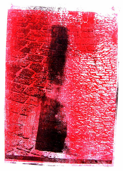 Rode kasseien met zwart vlak. - mono-print van bestrating, grafiek kunst