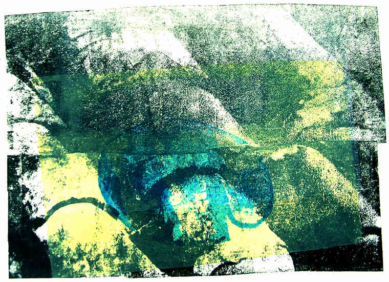 Dakpannen met geel en blauw - mono-print, grafische kunst