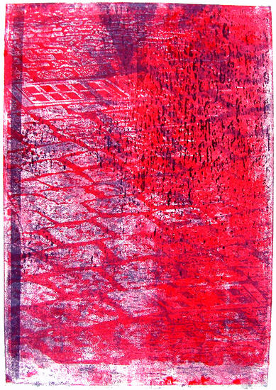 Rode straatstenen - mono-print van kasseien in Maastricht, grafische kunst-print