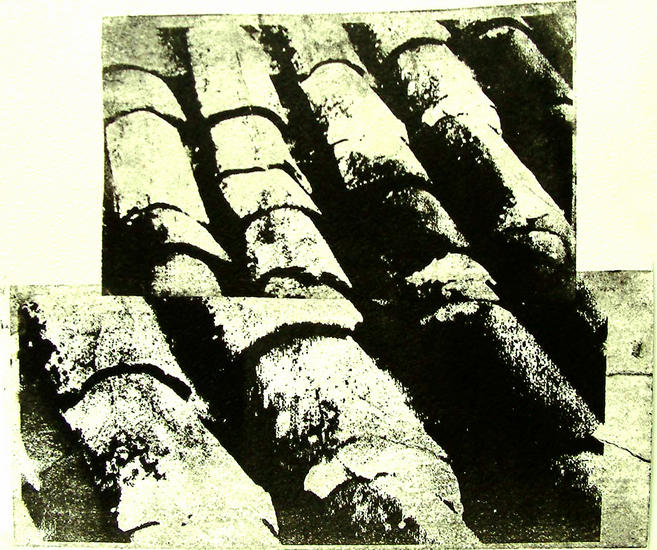 Grafiek in zwart-wit van dakpan - monotype vanuit foto-collage gedrukt