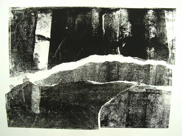 'Structuur van dakpan in prent 3.' - zwart-wit mono-print