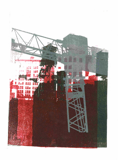 Grijze Hijskraan in Manhattan 2:mono-print