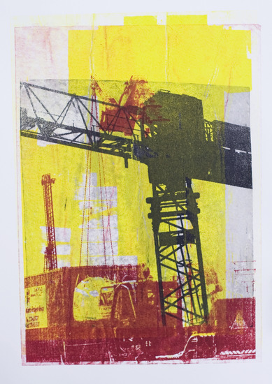 Cranes at the constructions of the Public Library Amsterdam City - graphic collage art