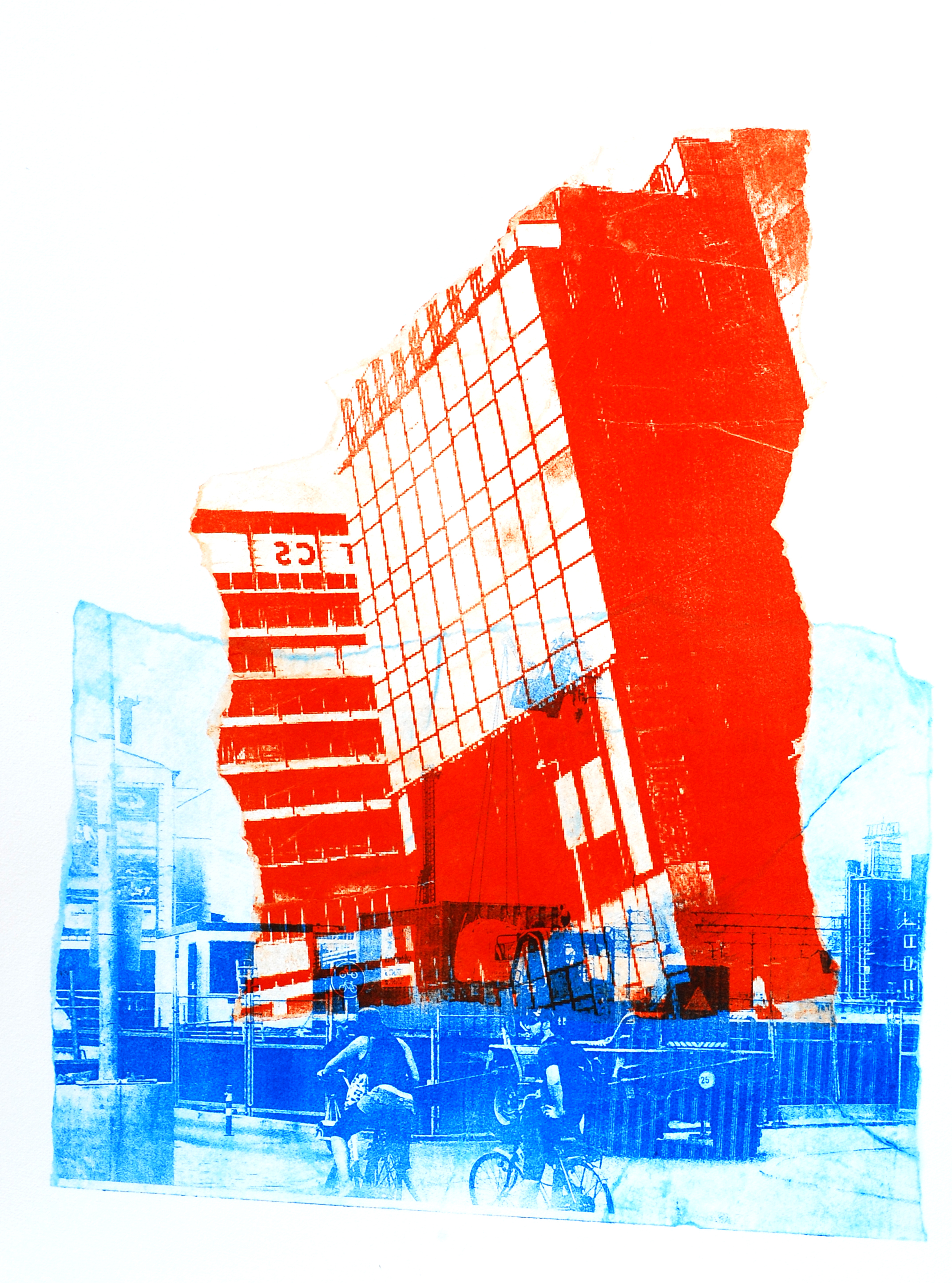 tijdelijk Stedelijk Museum C.S. 1. - mono-print van nieuwbouw aan het Oosterdok