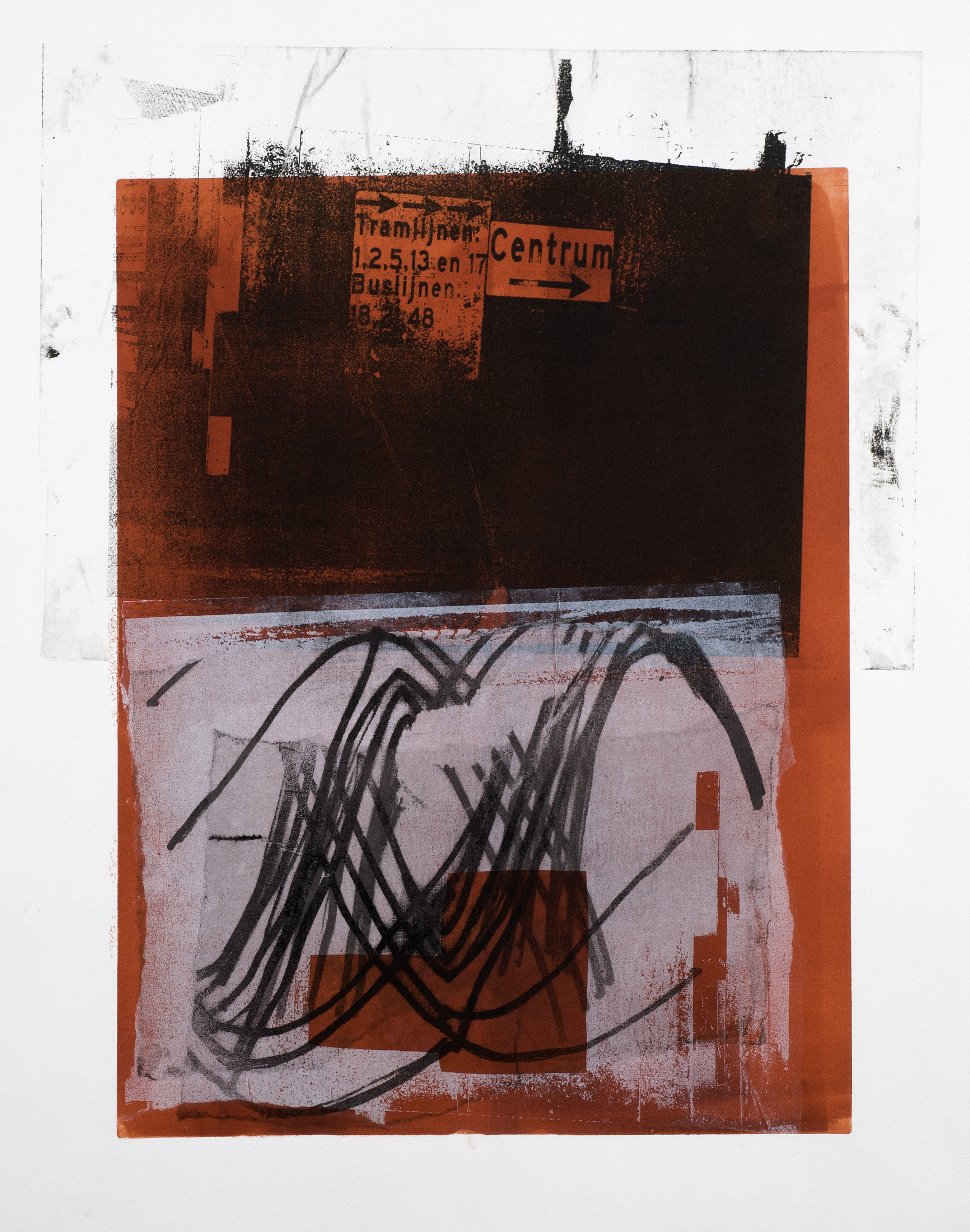 Amsterdam C.S. 1. - grafische foto-collage, monotype; metro-nieuwbouw bij C.S.
