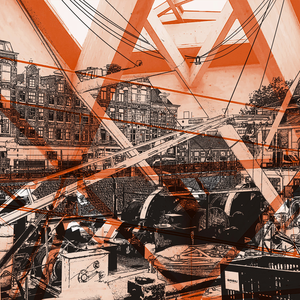 Amsterdam, prentkunst op diverse locaties, met moderne architectuur en nieuwbouw, in digitale collage prints. Ze zijn ontstaan vanuit mijn foto's. Ik fotografeer vaak in de stad en componeer vanuit deze foto's mijn grafische 'collages'. Van de nieuwe architectuur die groeit, van de gebouwen en straten in de stad, de hijskranen, bouwputten en constructies.