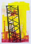 Hijskranen en grote bouw-kranen van de nieuw-bouw in monoprints. De hijskraan midden in de stad fascineert mij sterk door zijn open constructie. Ik fotografeer veel bouw-constructies in de grote stad. Mijn gedrukte monoprint collages zijn in 1 unica print te koop.