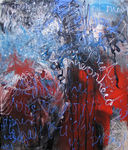 Geinspireerd door Cy Twombly, Lucebert, Pollock. Tekstflarden komen uit de 1e vier dichtbundels van Lucebert (o.a Apogrief / de analfabetische naam). Dichters en schilders van CoBrA maakten ook gezamenlijk woordschilderingen: 'peinture-mots', een vrije combinatie van schrift en beeld.