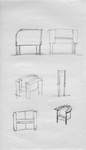 Stoel 1a 1989. 1e schets, het idee. Schets, getekend in perspectief in de voor stoelen te hanteren maatvoering. Aanzichten, in amerikaanse projectie. Digitale bewerking, getekend met behulp van een CAD tekenprogramma