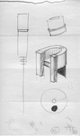 Stoel 1a 1990. 1e schets, het idee. Schets, getekend in perspectief in de voor stoelen te hanteren maatvoering. Aanzichten, in amerikaanse projectie. Digitale bewerking, getekend met behulp van een CAD tekenprogramma