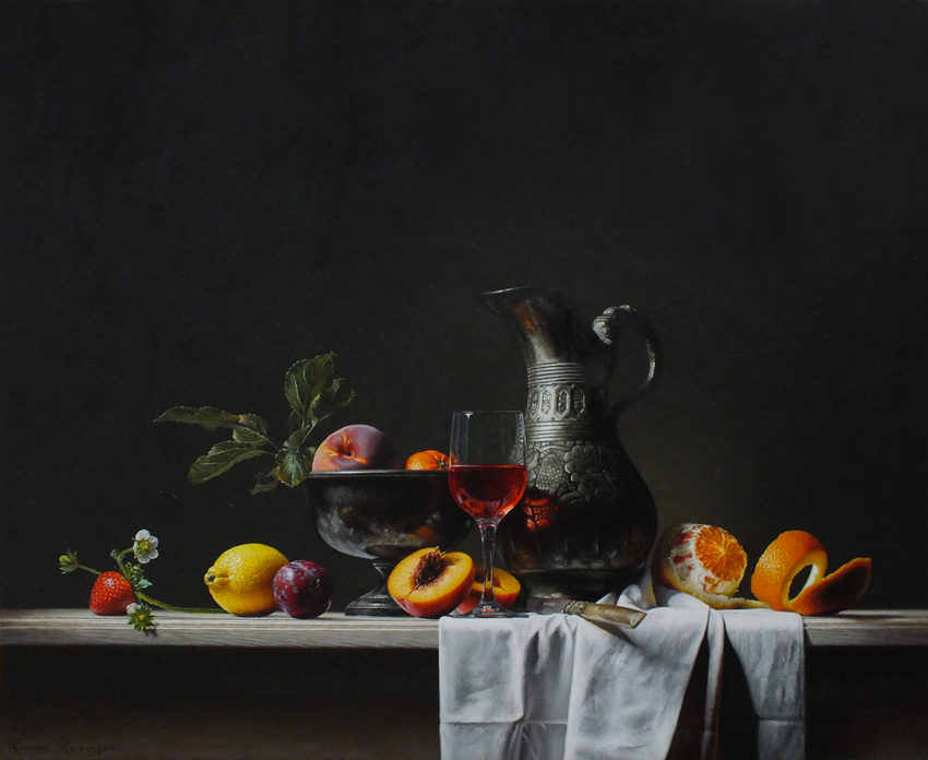 Stilleven met kan en fruit