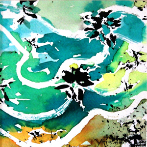 Er wordt gebruik gemaakt van aquarel, Oost-Indische inkt, ecoline, druktechnieken en gemengde technieken. Flow-Paintings worden geleverd met zuurvrij creme passepartout en zwarte lijst 30x30 of 50x50