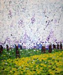 Schilderijen opgebouwd uit stevige kleurrijke penseelstreken, balken (poutres) als het ware. Of te wel poutreïsme- met een hele dikke knipoog naar het pointillisme.