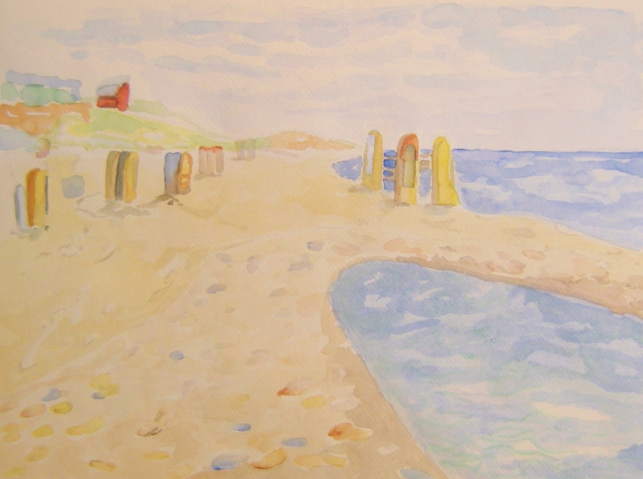 Aquarel 25 Strandhuisjes a.d. Nederlandse Kust.