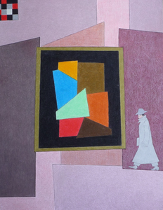 abstracte tekeningen in kleur met figuratieve elementen.