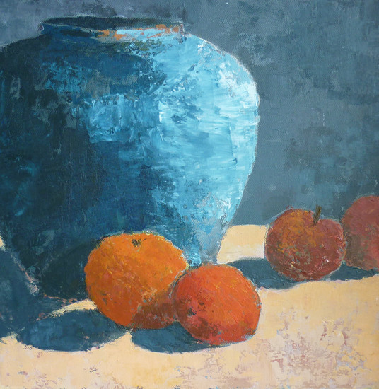 Stilleven met kruik en fruit