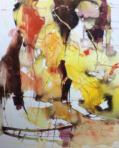 De basis is aquarel met daaraan toegevoegd inkt, oliekrijt, aquarelkrijt en soms zelfs olieverf.Het onderwerp zijn mensfiguren ,al dan niet geabstraheerd. De aquarel wordt standaard geleverd in zuurvrij passe-partout , tegen een kleine meerprijs kan ik de aquarel voor u inlijsten.