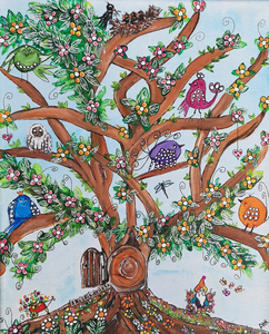 Diverse vrolijke schilderijen variërend van landschappen, bomen, bloemen, huisjes, figuren, fantasie etc.. geschilderd op canvas