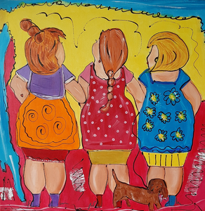 Vrolijke kleurrijke Dikke Dames geschilderd met een Dikke knipoog op canvas