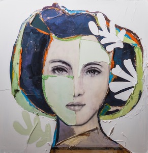 Getekent en daarna geschilderd portret in aquarel en acyl techniek .
Figuratief geabstraheerd door toevoegingen van verfresten, vlinders, papier etc