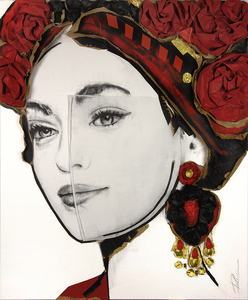 Getekend en daarna geschilderd portret in aquarel techniek. Daarna geabstraheerd naar 3D door toevoeging van papier . Al deze schilderijen worden ingelijst in een plexi glazen vitrine box van 7cm dikte.