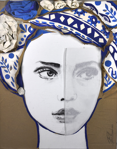 portrait inspired by the delft blue porcelain that originated during the MIng Dynasty.
Painted portrait abstracted Tho three dimensional by using recycling paper.
Each work is framed in a plexiglass display cabinet.