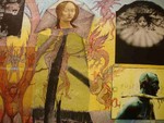 Voyages du Peintre is a series of 9 collages (details show the combination of drawing and pasting); also shown is front and back of Pantheon de Ofili, 2 very large drawings on a paper banner.