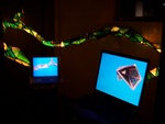 Het betreft een installatie met 2 computerschermen, videoprojectie, sculptuur uit gerecycleerde printplaten in lood gezet (glas in lood techniek), licht en geluid.