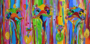 Vogelserie waar de struisvogels op een grappige kunststijl in beeld zijn gebracht op het doek. Het schilderij is handgeschilderd en gesigneerd . De vrolijke vogels zijn in een figuratieve kleurrijke moderne hedendaagse kunst stijl neergezet.