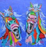 Een schilderij van Kleurrijke paarden met werktuig en versiersels. Mooie paarden in span geschilderd in moderne abstracte figuratieve kunststijl.