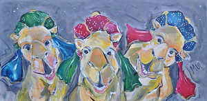 Gezellige vrolijke kamelen handgeschilderd in gesigneerd door de kunstenaar. Sfeervol kleurrijk schilderij welke in een modern figuratieve hedendaagse stijl gecreƫerd is.