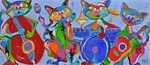 Grappige sfeervolle vrolijke kleurrijke schilderijen van poezen. Handgeschilderd en gesigneerd door de kunstenaar. Een kunstwerk geschilderd in een moderne hedendaagse kunst stijl.