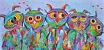 Sfeervolle groep kunst waarin de vogels centraal staan in het schilderij .Veelal kleurrijk gezellig vrolijk en handgeschilderd en gesigneerd door de kunstenaar. Hedendaagse moderne kleurrijke kunst.