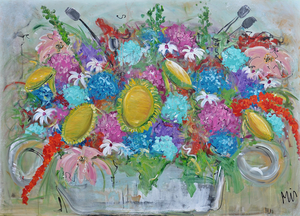 Bloemschilderijen met veel kleur sommige bloemenvelden gecombineerde abstracte figuratieve compositie. Hedendaagse kunst gesigneerd door de kunstenaar