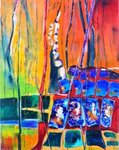 Na het breken komt het bouwen, zie mijn serie 'Bouw en Braak'. Nu zag ik in al die ramen weerspiegelingen met de meest waanzinige vervormingen. Dat heb ik geschilderd in abstracte vormen.