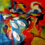 gemengde techniek met acrylverf, leer. papier en zand, etc.