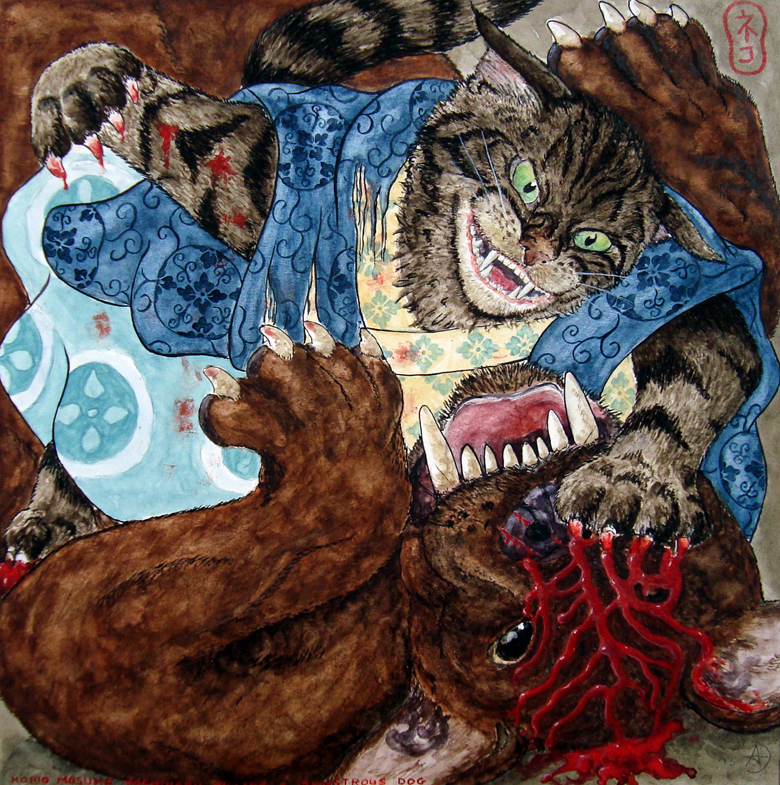 Horio Mosuke Yoshiharu doodt een monsterlijke hond