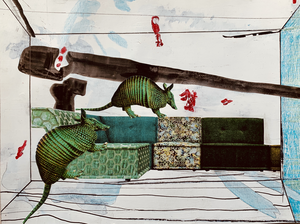 Collages op papier of karton, gemaakt in de corona thuisblijftijd.
Gemengde technieken: aquarel, fineliner, tape, knipwerk. In de ruimte spelen dieren weer vaak een rol: insecten, gordeldieren, aaibare dieren, dieren met een gewei etc.