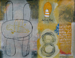 Het formaat is 50 bij 65 cm. De gebruikte materialen zijn voornamelijk acryl en grafiek, maar voor mijn gevoel blijven het tekeningen. De impuls kreeg voorrang. Prijs op aanvraag