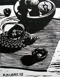 'Lino-dagboek', linoleum-snedes (grafiek), 2008. Sinds 2007 houd ik een 'getekend dagboek' bij. In pen op papier noteer ik 'mijn pad' door mijn dagelijkse omgeving vast te leggen. In het kader van de tentoonstelling bij Franjo-studio's sneed ik gedurende een maand iedere dag een lino in plaats van een tekening te maken.