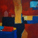 Acrylschilderijen aangevuld met diverse materialen.