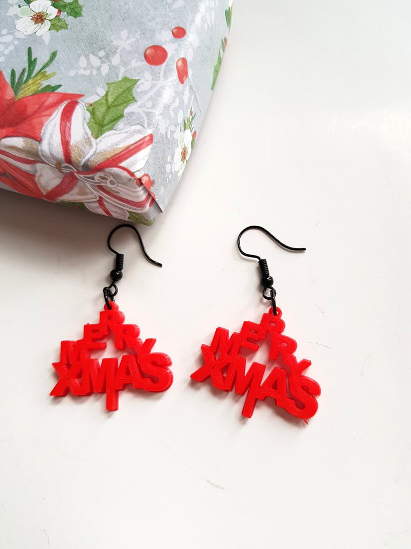 Merry Xmas oorbellen rood en zwart staal